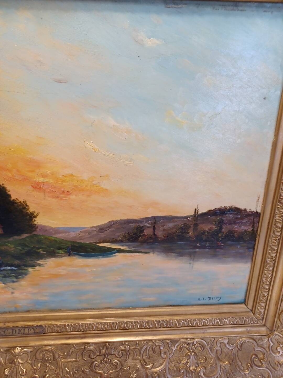 Large painting by Henry Jacques Delpy, Banks of the Seine at Dusk. Early 20th century.