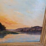 Grand tableau de henry jacques delpy, bord de seine au crepuscule. debut xx ème siècle.