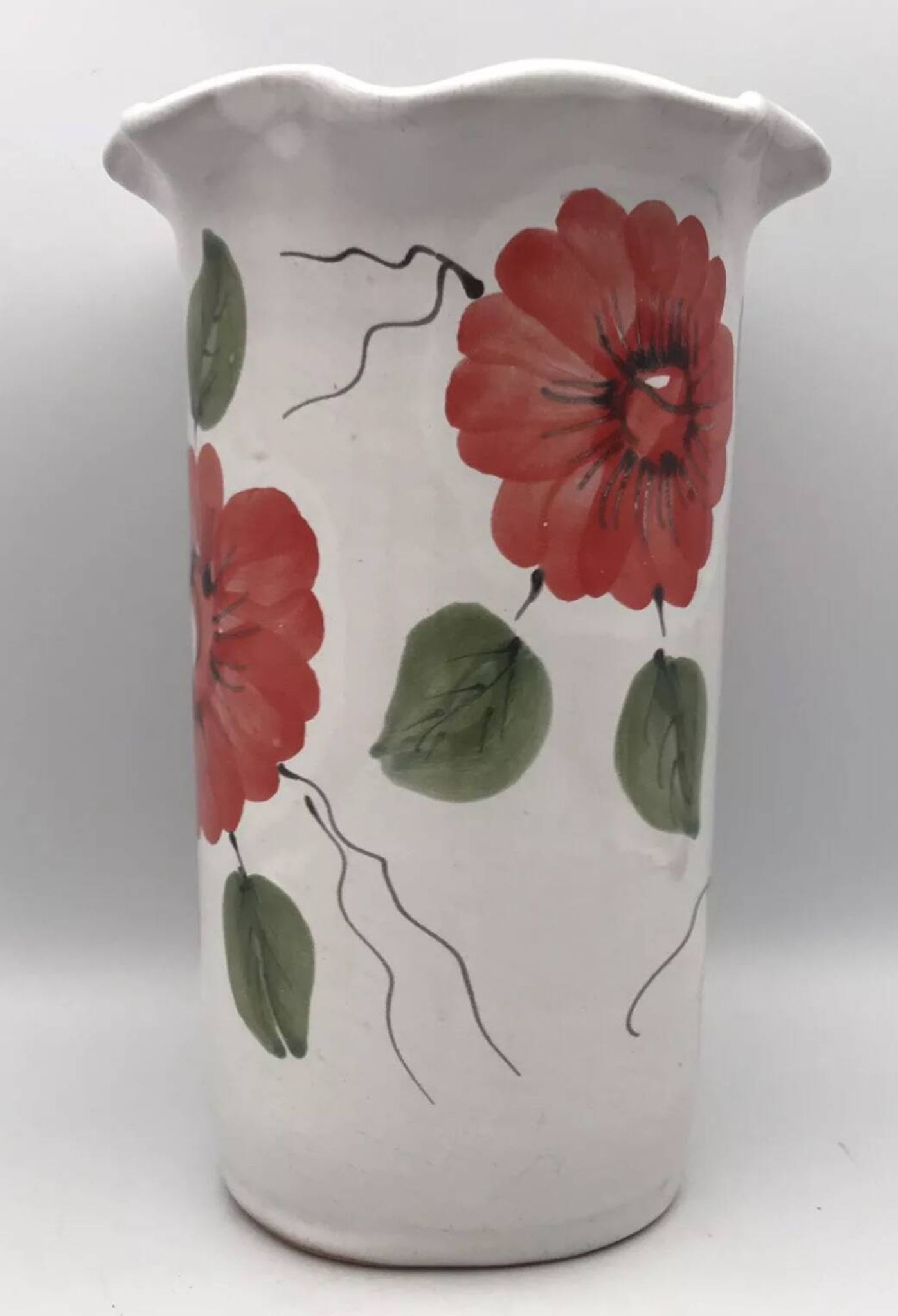 Vase, vintage glazed terracotta pottery, with signed floral decoration