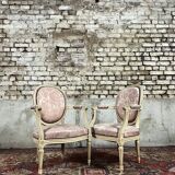 Pair of louis xvi style cream lacquered wood medallion back armchairs