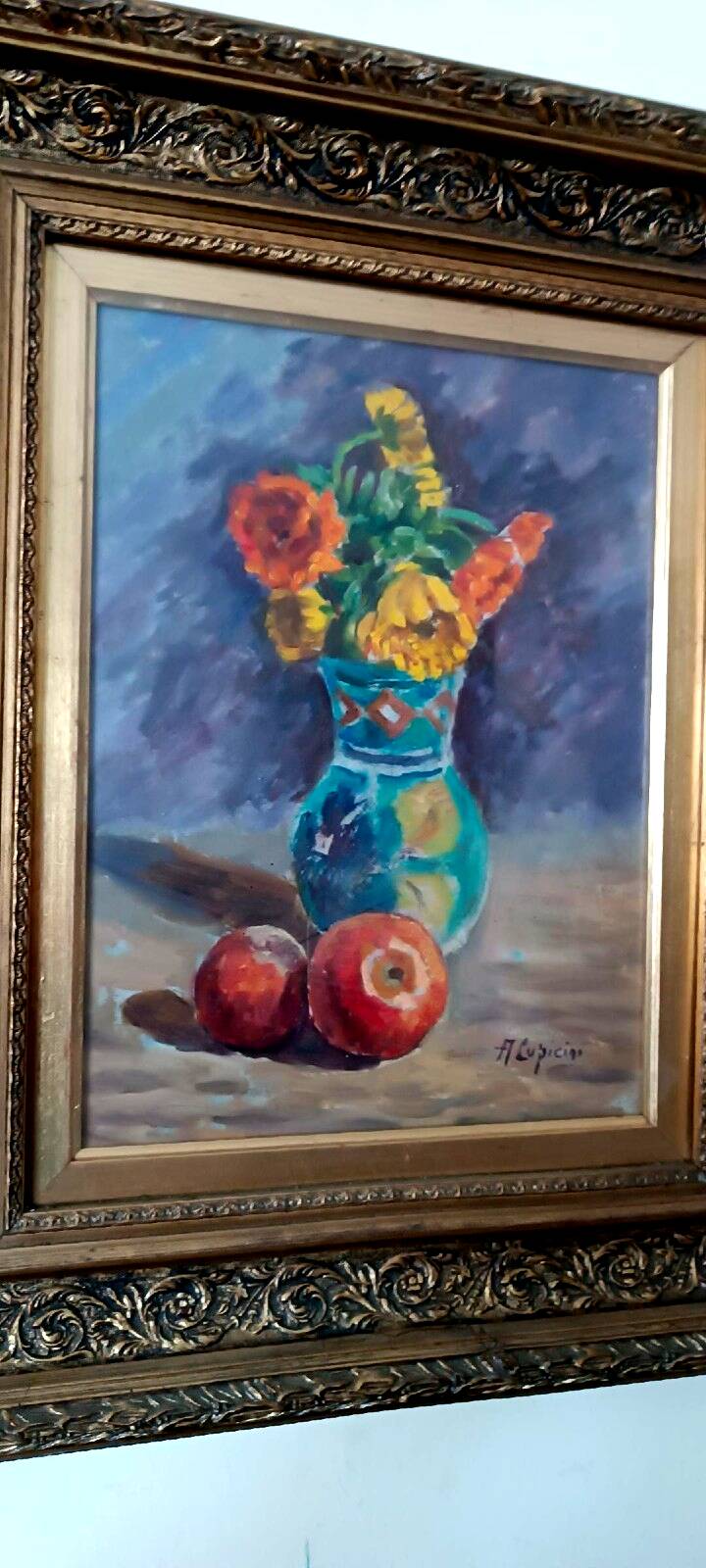 Still life painting vase with flowers by Lupicini - 1960s