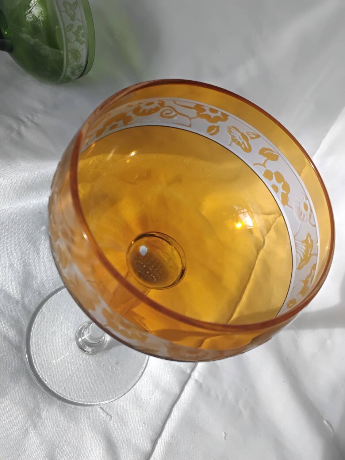 14cl Nancy Houillon crystal wine glass, amber lined, floral frieze
