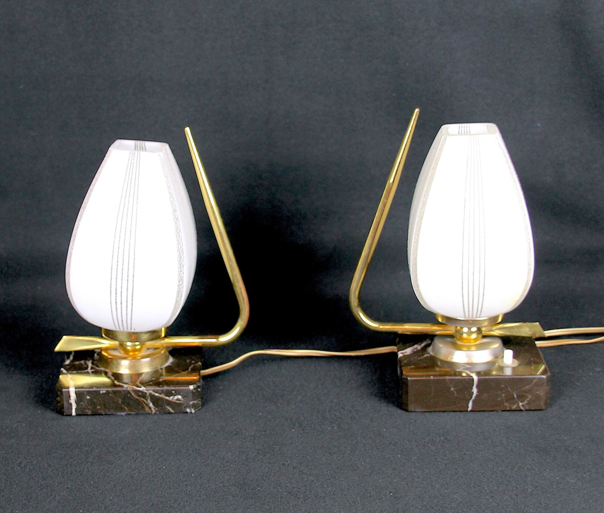 Mid 20th Century Marble Brass and Opaline Bed-Side Lamps, Maison Arlus, France - a Pair