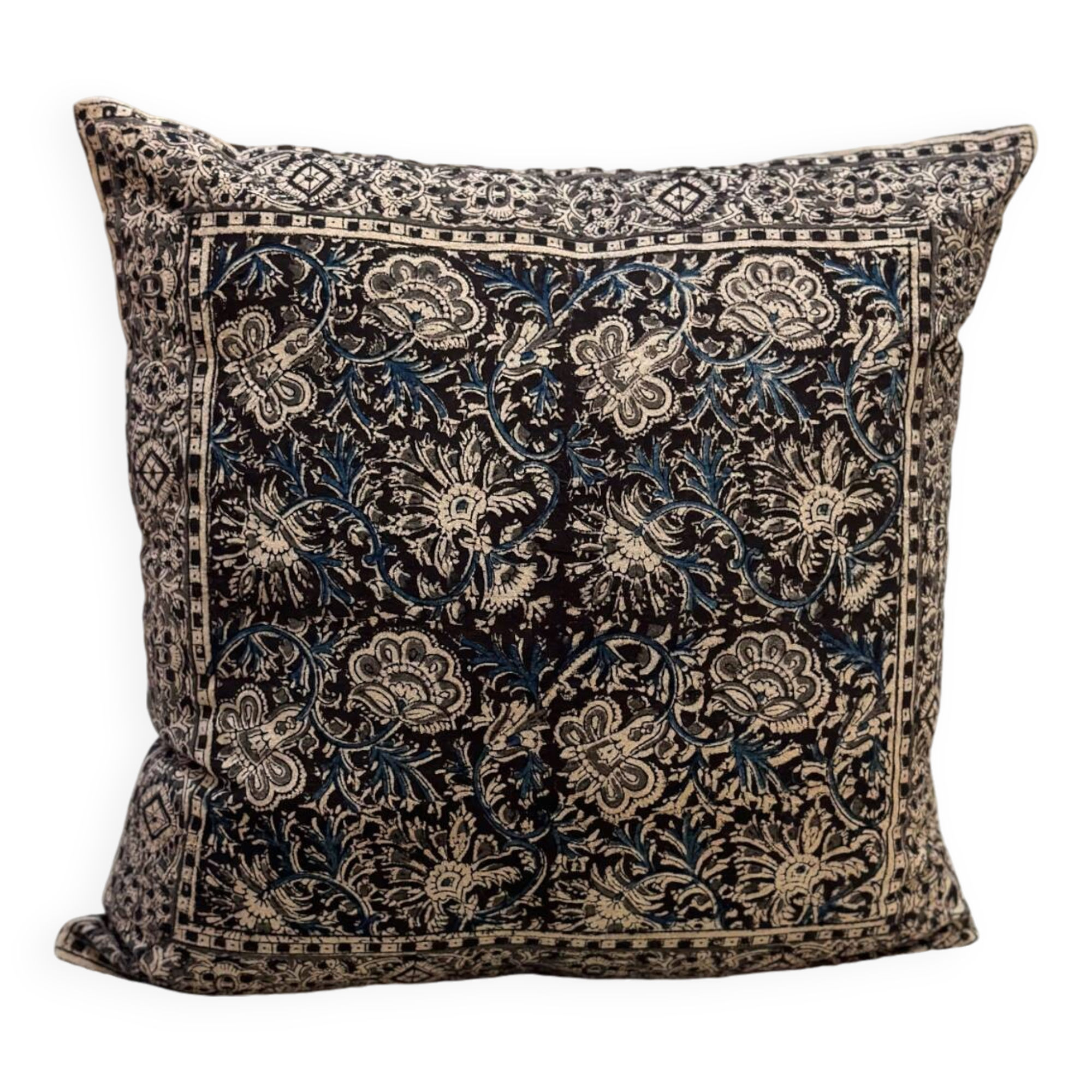 “Indian garden” flower block print cushion - brown/blue