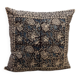 Coussin block print fleurs “jardin indien” - brun/bleu