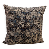 Coussin block print fleurs “jardin indien” - brun/bleu