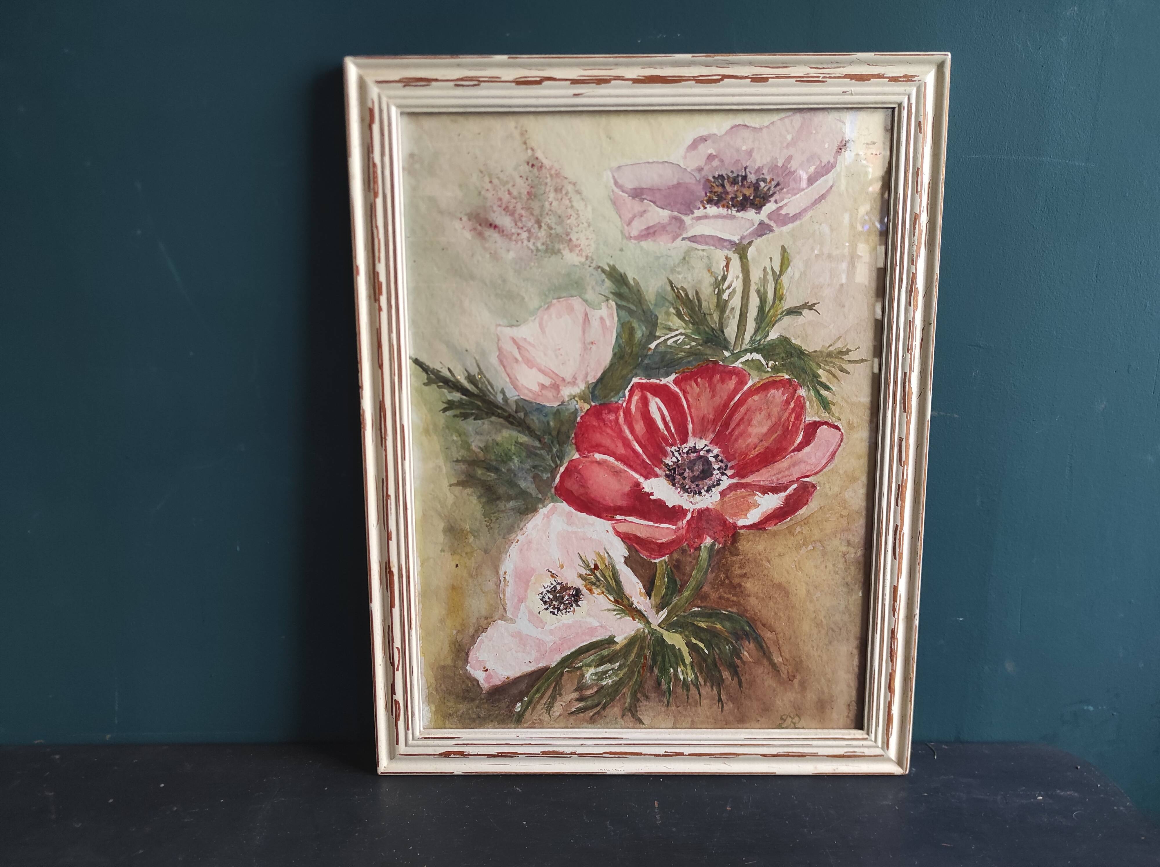 French watercolour of flowers, poppies, signed DR