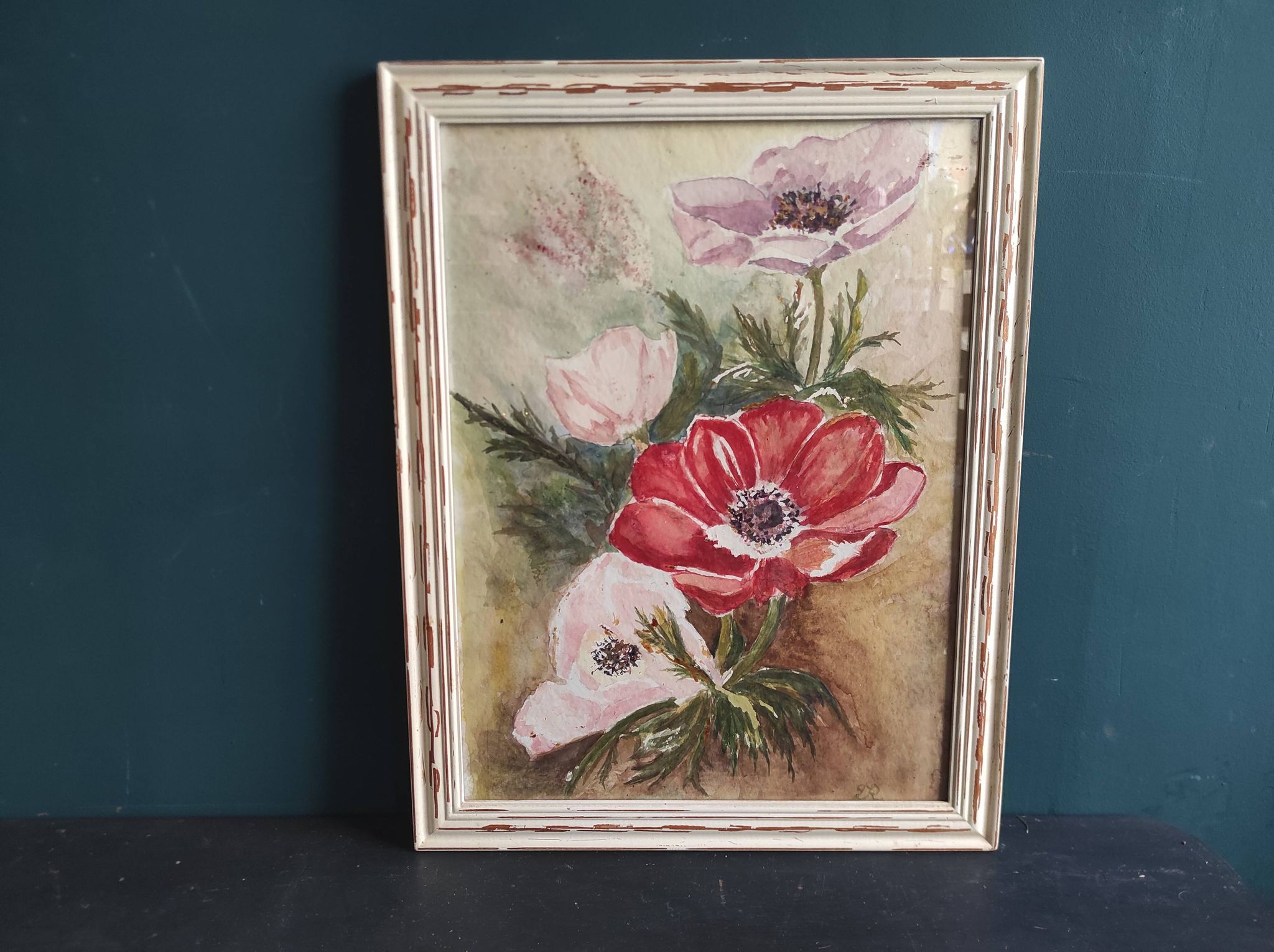 Aquarelle française de fleurs, coquelicots, signée DR