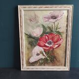 French watercolour of flowers, poppies, signed DR