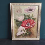 Aquarelle française de fleurs, coquelicots, signée DR