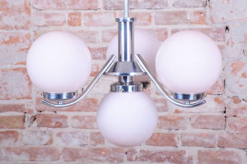 Art Deco Chandelier in Chrome-Plated Steel and Opal Glass, Czech, 1920s