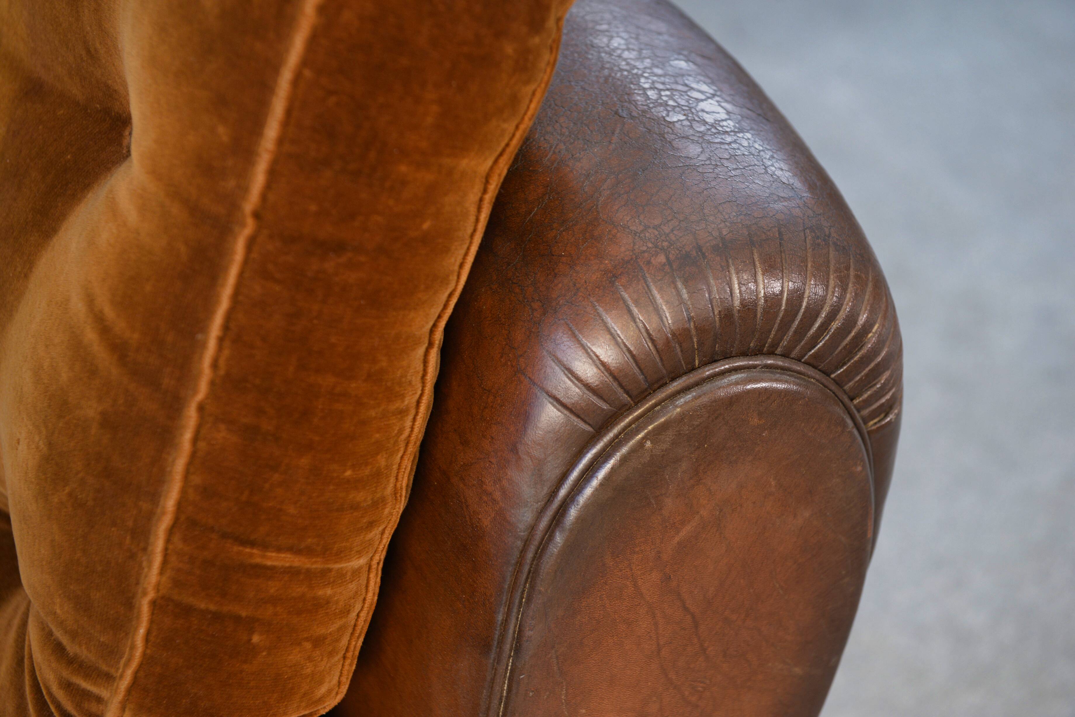 1920s convertible leather club bench with velvet seats