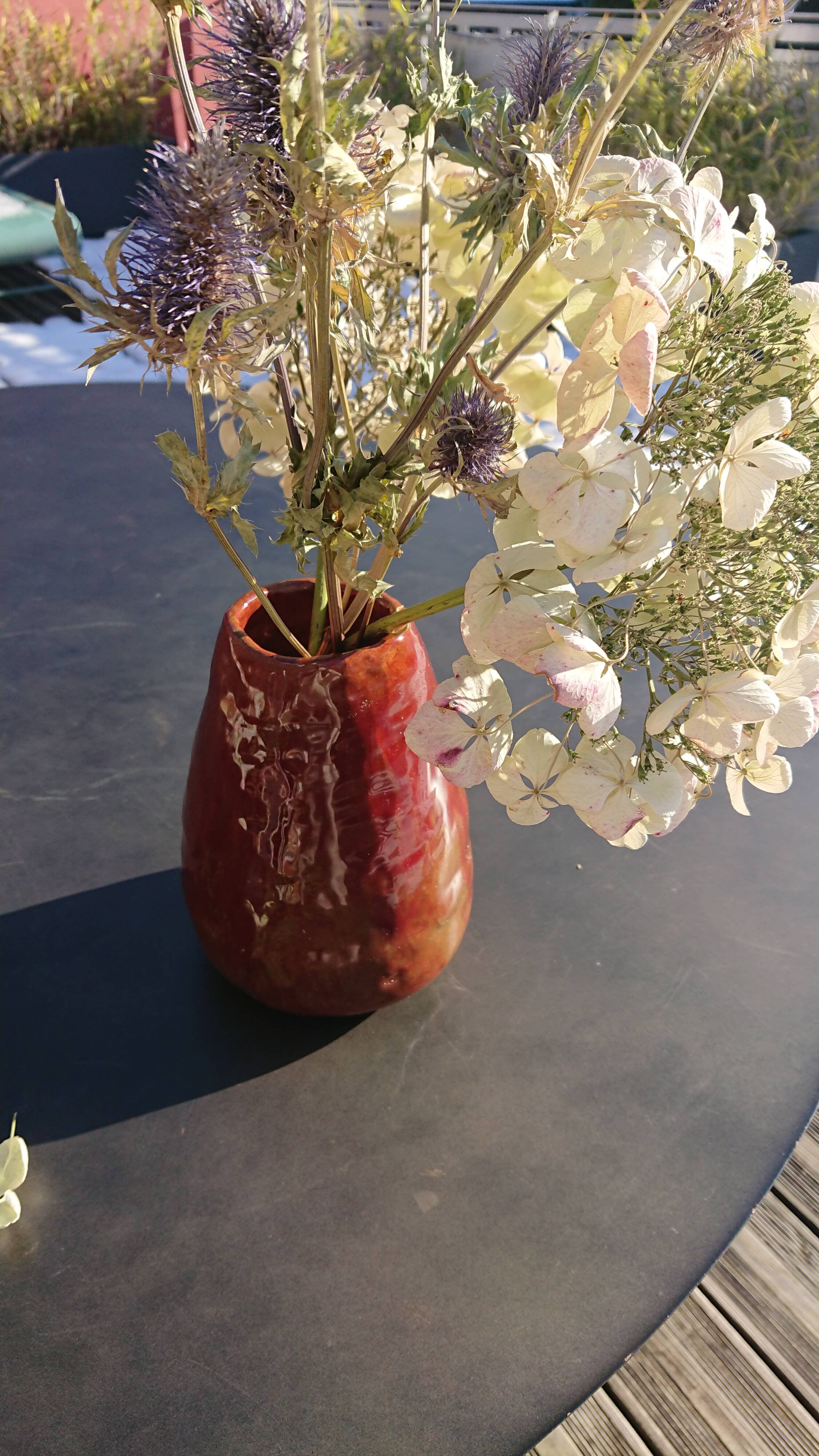 Burgundy enamelled brutalist vase
