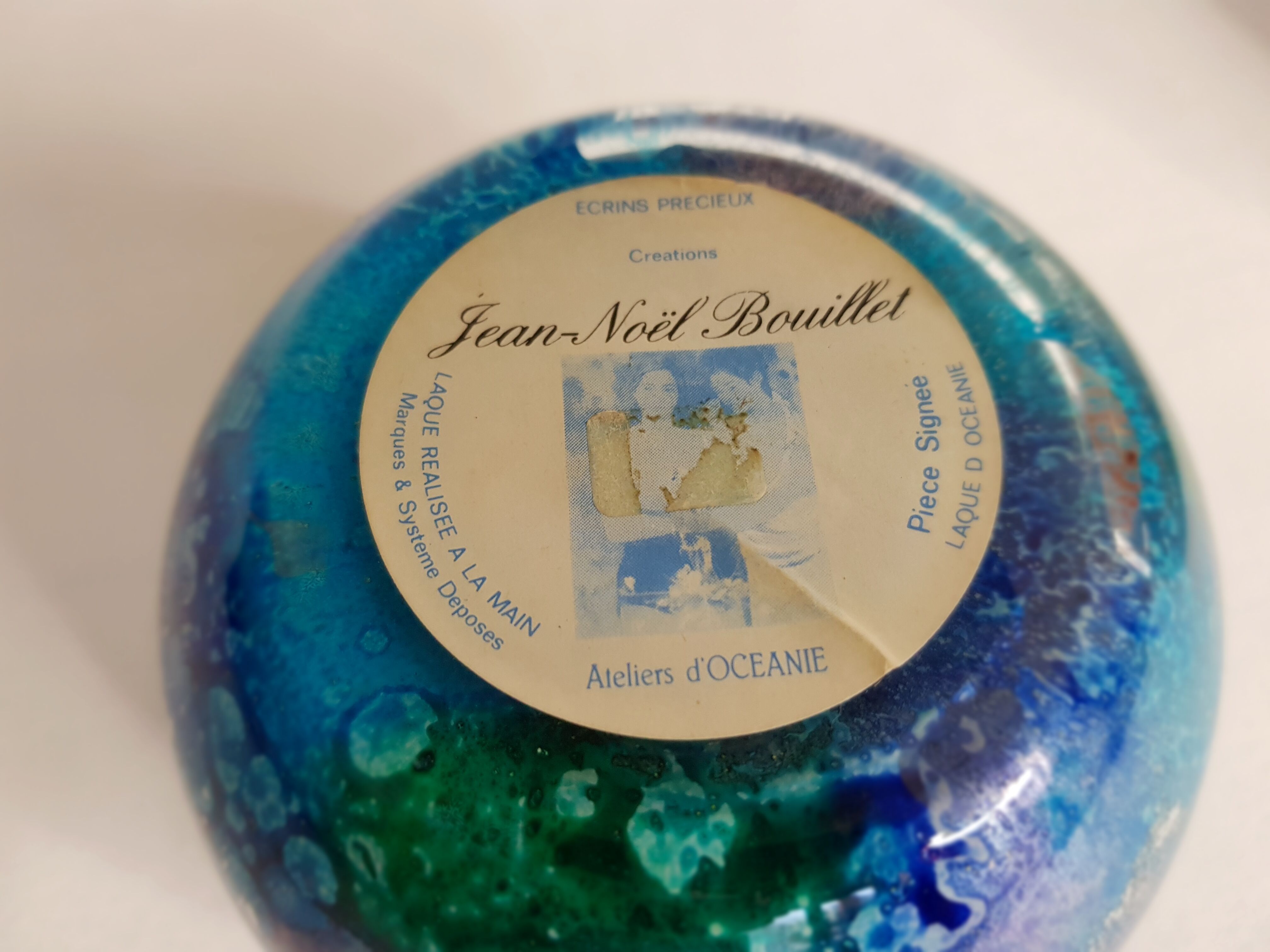 Set of two hand lacquered glass ball vases signed "Laque Line" and "Jean-Noel Bouillet"