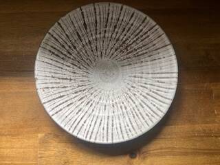 Glazed stoneware soup plate – textured radial decoration – wabi sabi style
