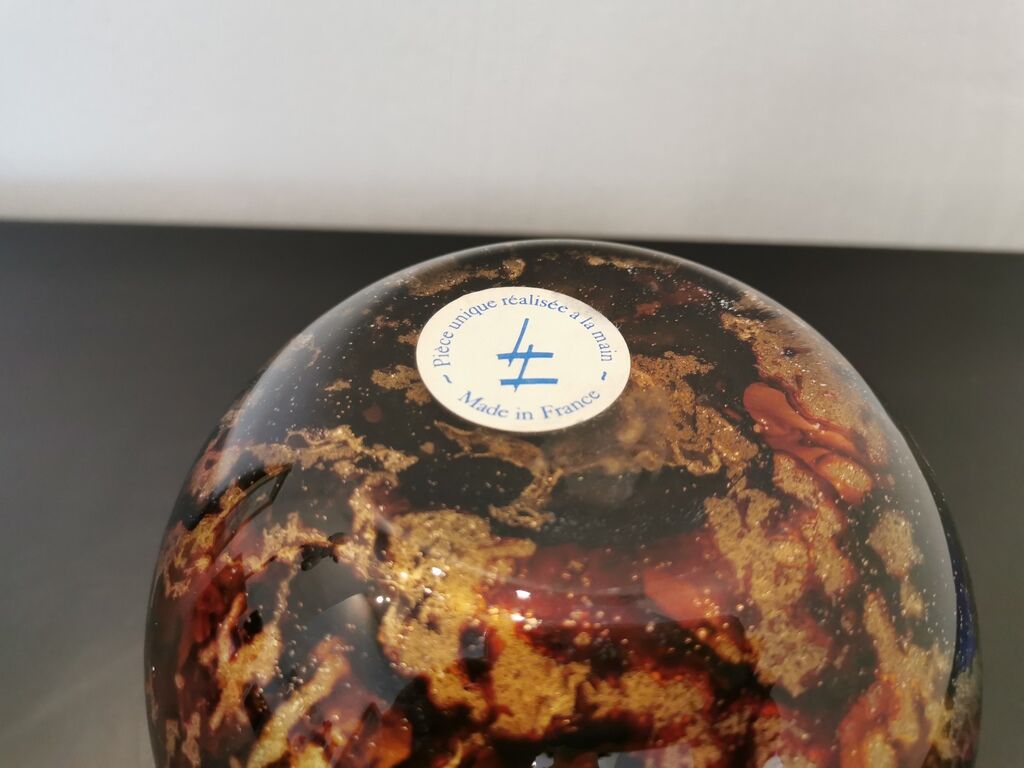 Glass ball vase signed Laque line