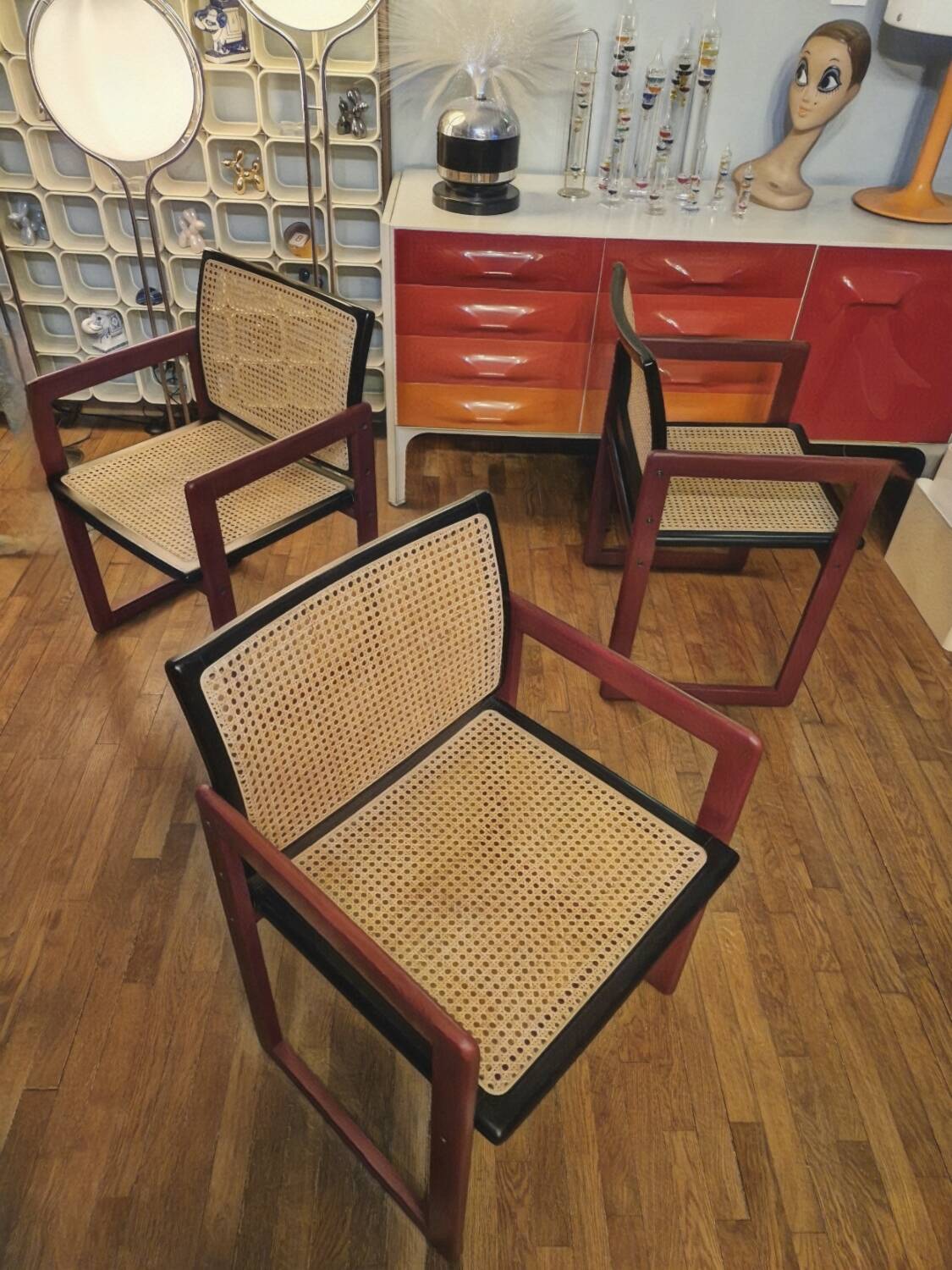Pascal Mourgue rare set of 3 caned sleigh armchairs in lacquered wood for vintage 80s triconfort
