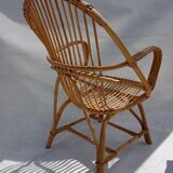 Armchair and footrest in rattan, years 50/60