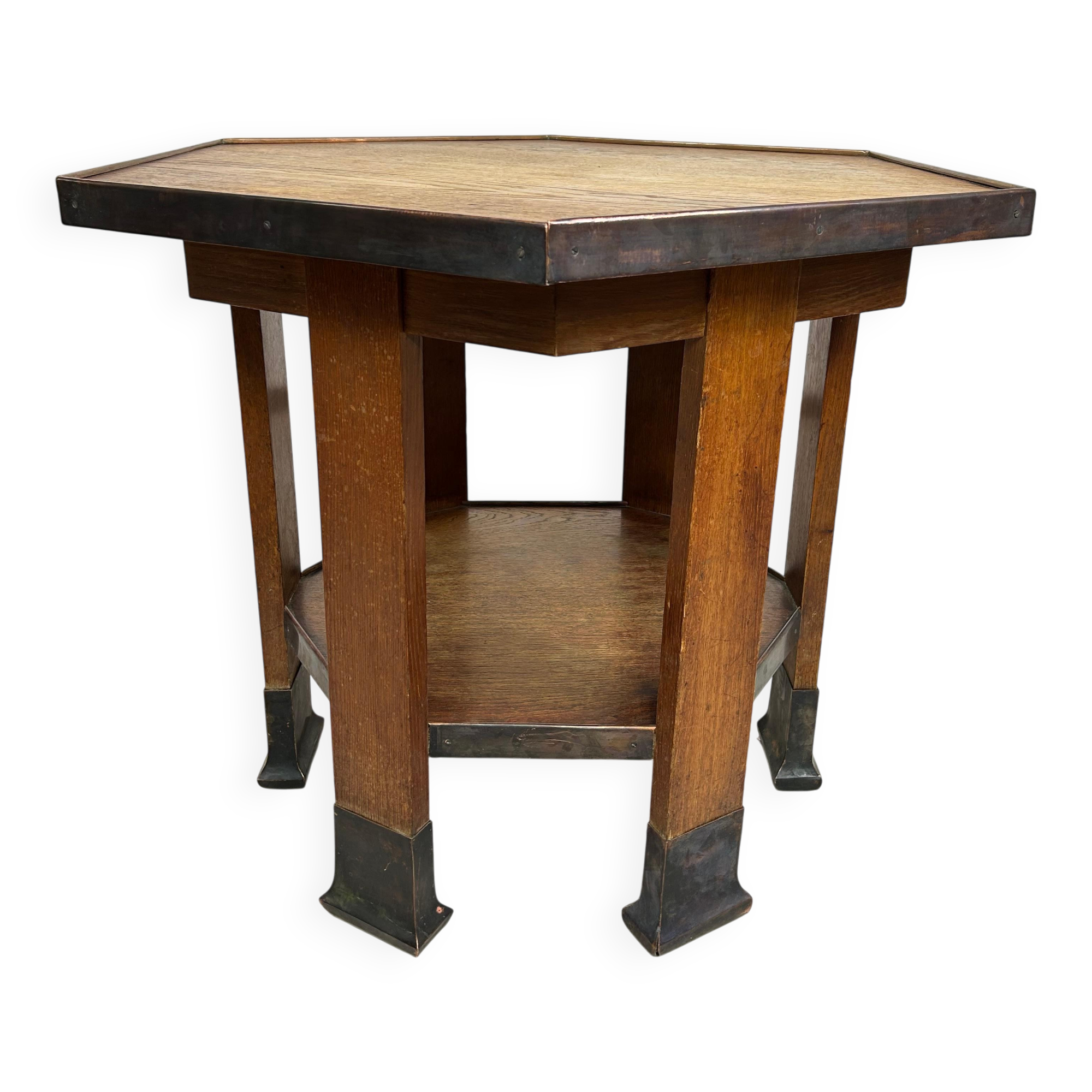 Hexagonal table with six legs in Secession style bordered with brass, attributed to Adolf Loos.