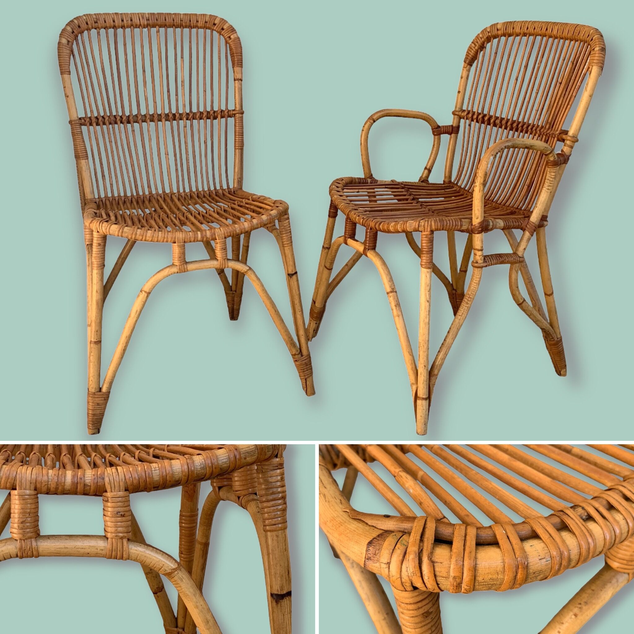 Chair and armchair in vintage rattan 1950