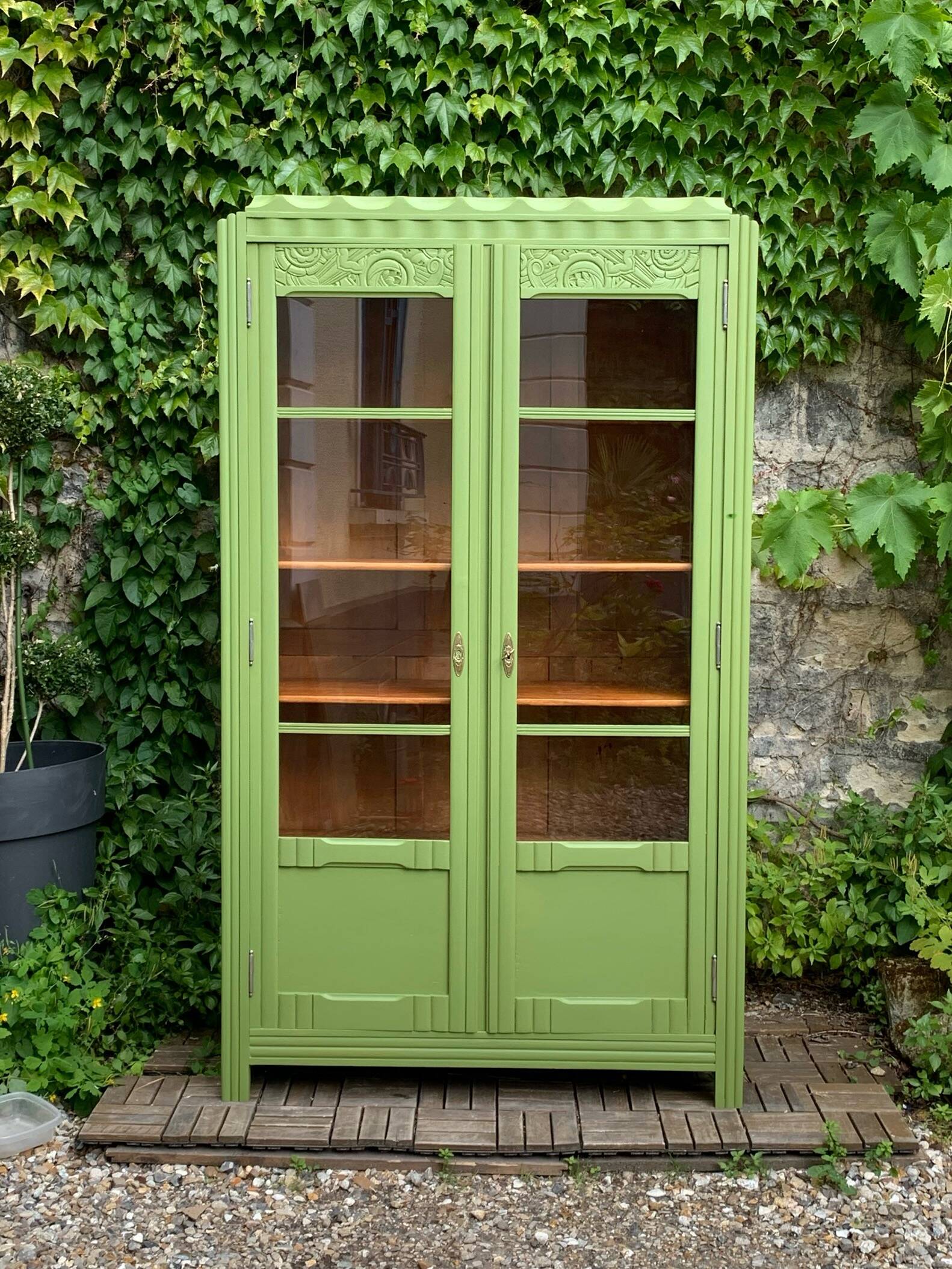 Armoire parisienne vitrée art déco 1930 kaki