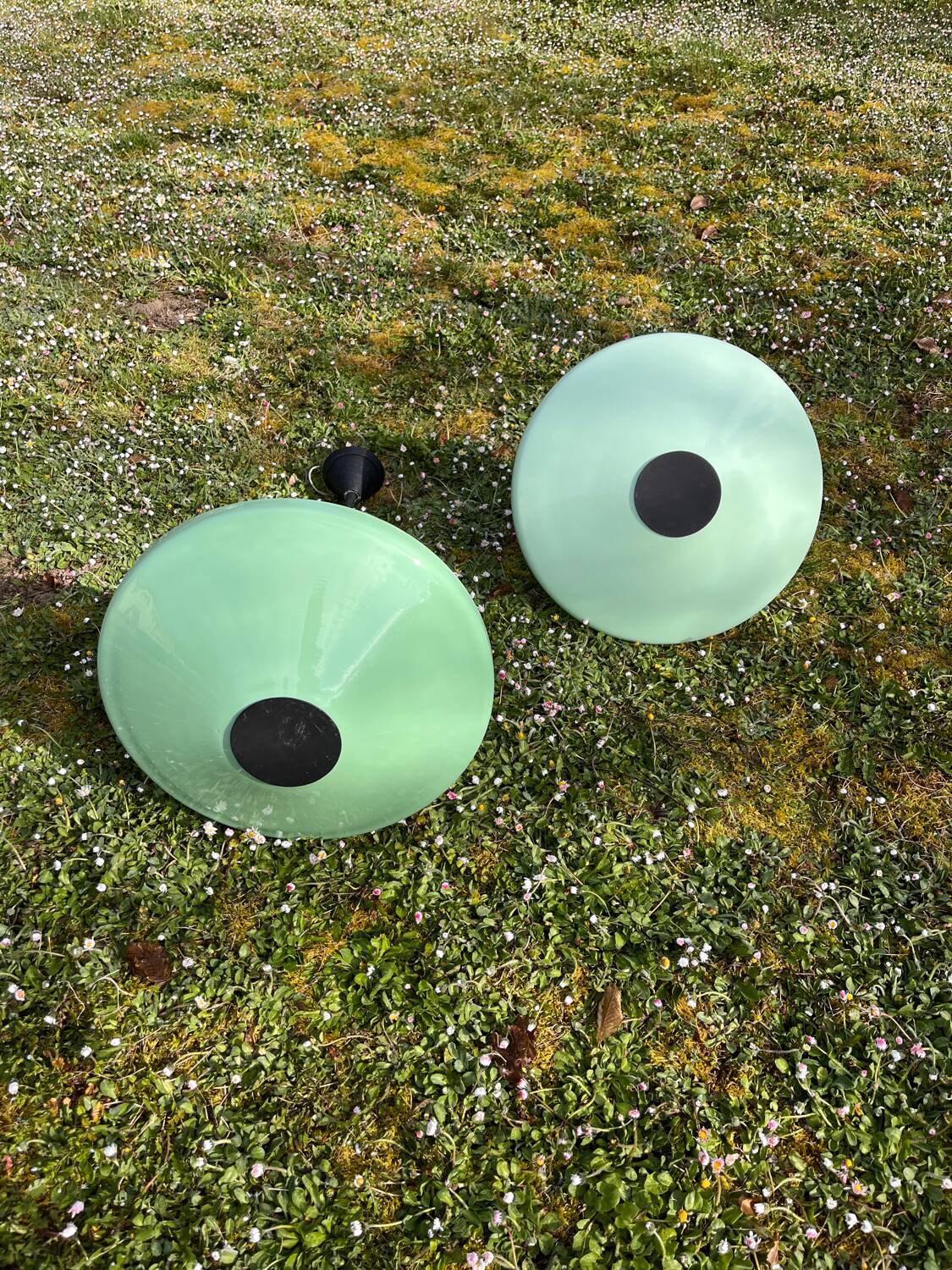 Pair of Art Deco opaline pendant lights from the 1940s