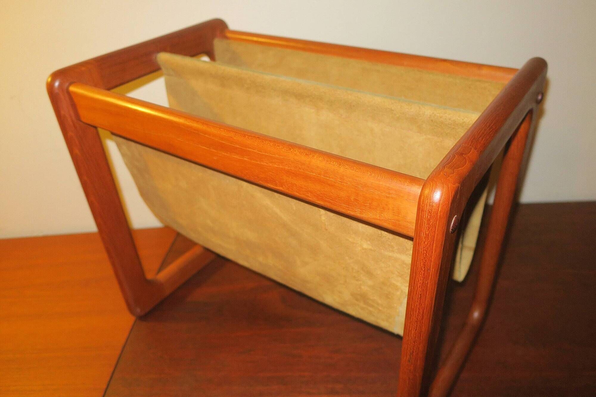 Magazinr rack in teak and suede leather by Aksel Kjersgaard, 1960s