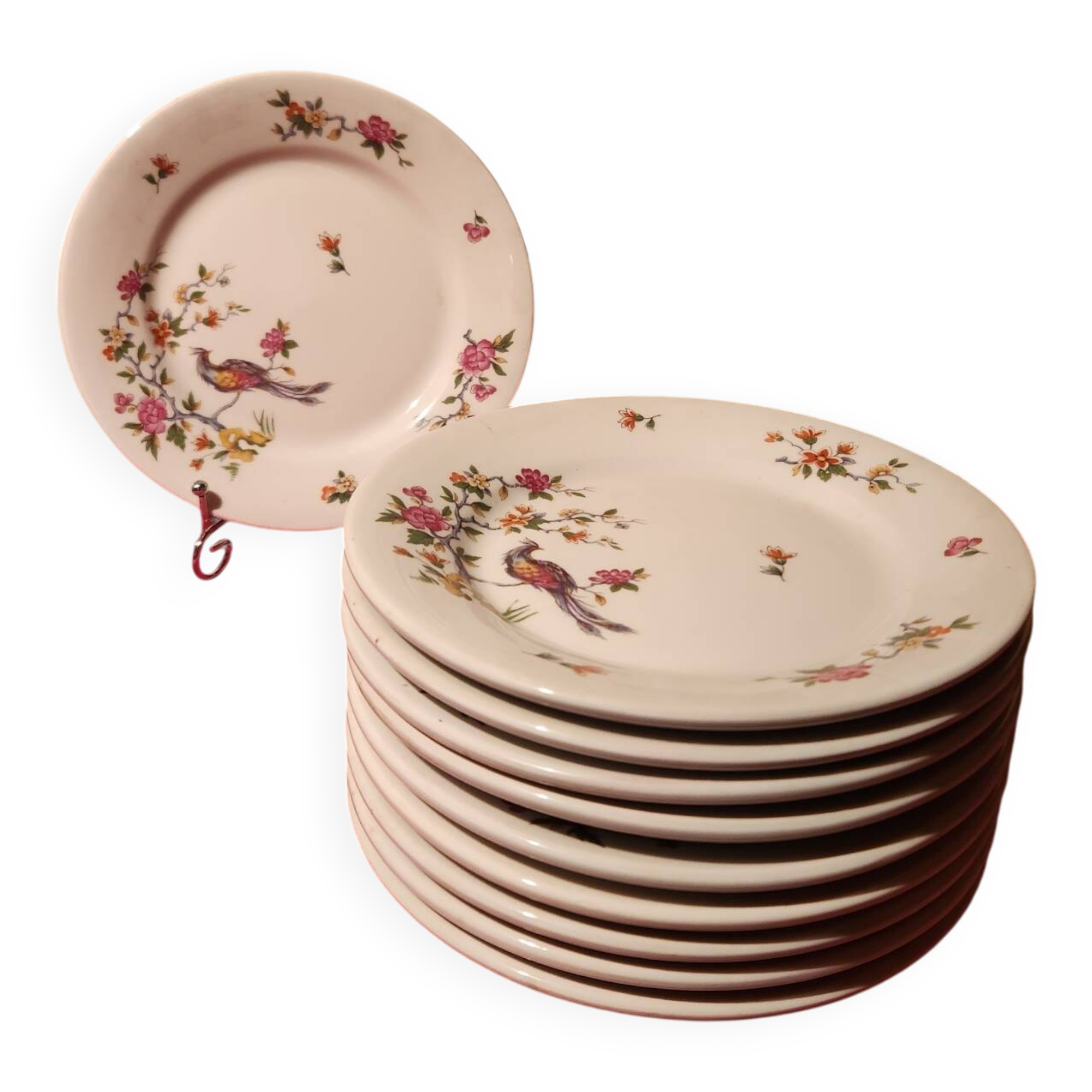 10 assiettes dessert Pillivuyt décor oiseau de feu