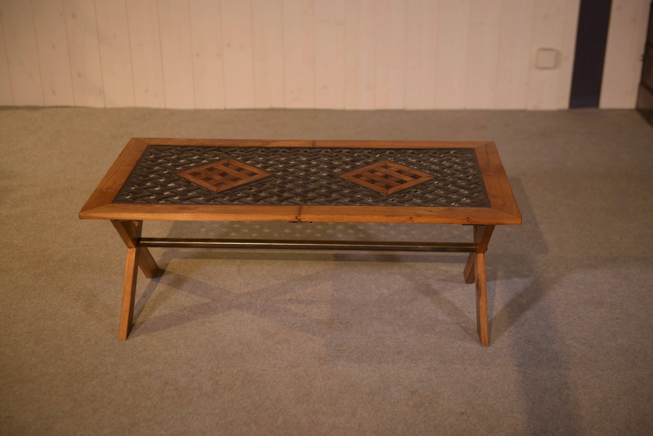 Antique oak and cast iron street furniture coffee table from the 1950s