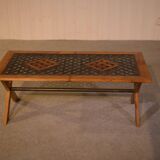 Ancienne table basse de mobilier urbain en chêne et fonte 1950's