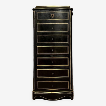 Boulle secretary simulating a weekly planner in blackened wood and brass threads, Napoleon III period