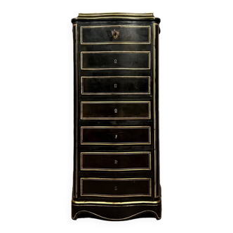 Boulle secretary simulating a weekly planner in blackened wood and brass threads, Napoleon III period