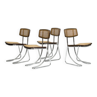 Set of 4 vintage cantilever chairs in chrome, wood and Vienna straw, 1970s