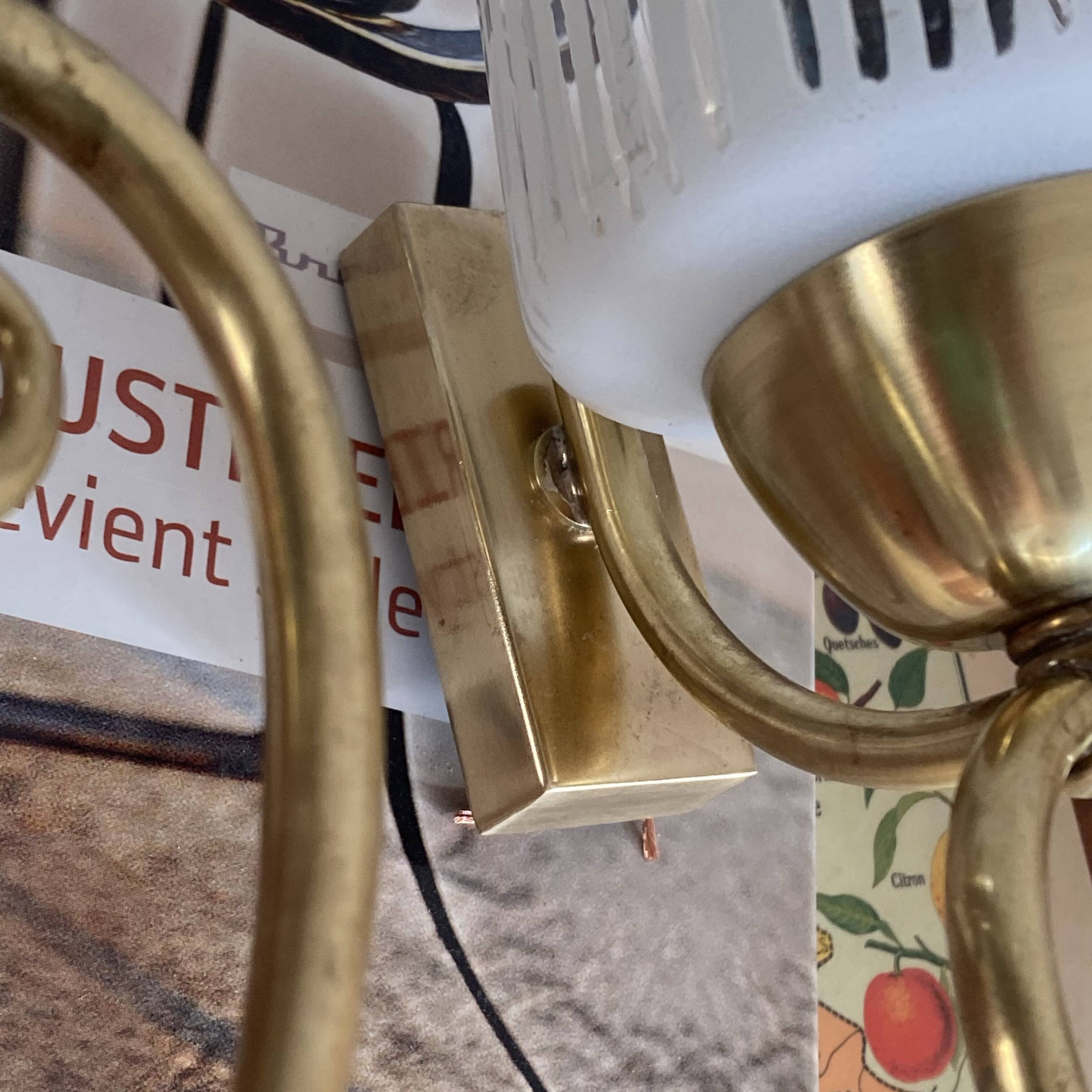 Pair of antique wall sconces brass tulip white striped glass