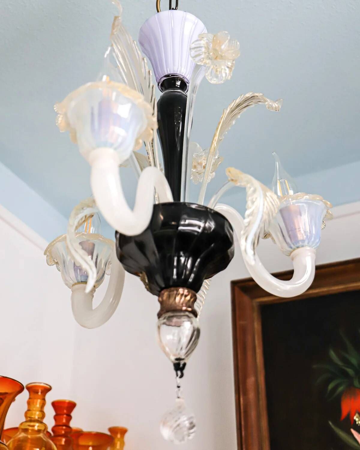 Small Venetian chandelier made of hand-blown Murano glass, lilac and pearlescent.