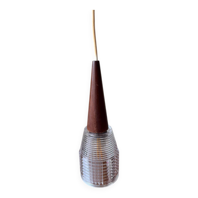 Suspension scandinave vintage en teck et verre holophane. 50/60’s