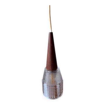 Suspension scandinave vintage en teck et verre holophane. 50/60’s