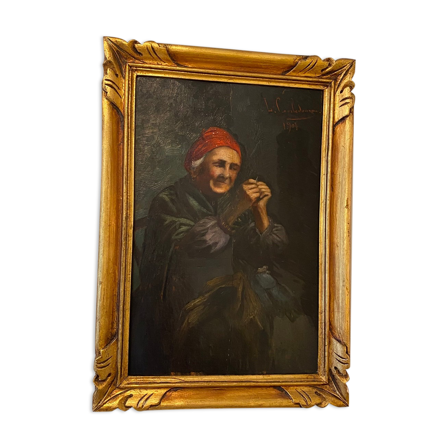 Old painting, the seamstress, signed L Cambedouzou and dated 1904