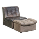 Gray leather design element/ armchair from the 70s + footstool