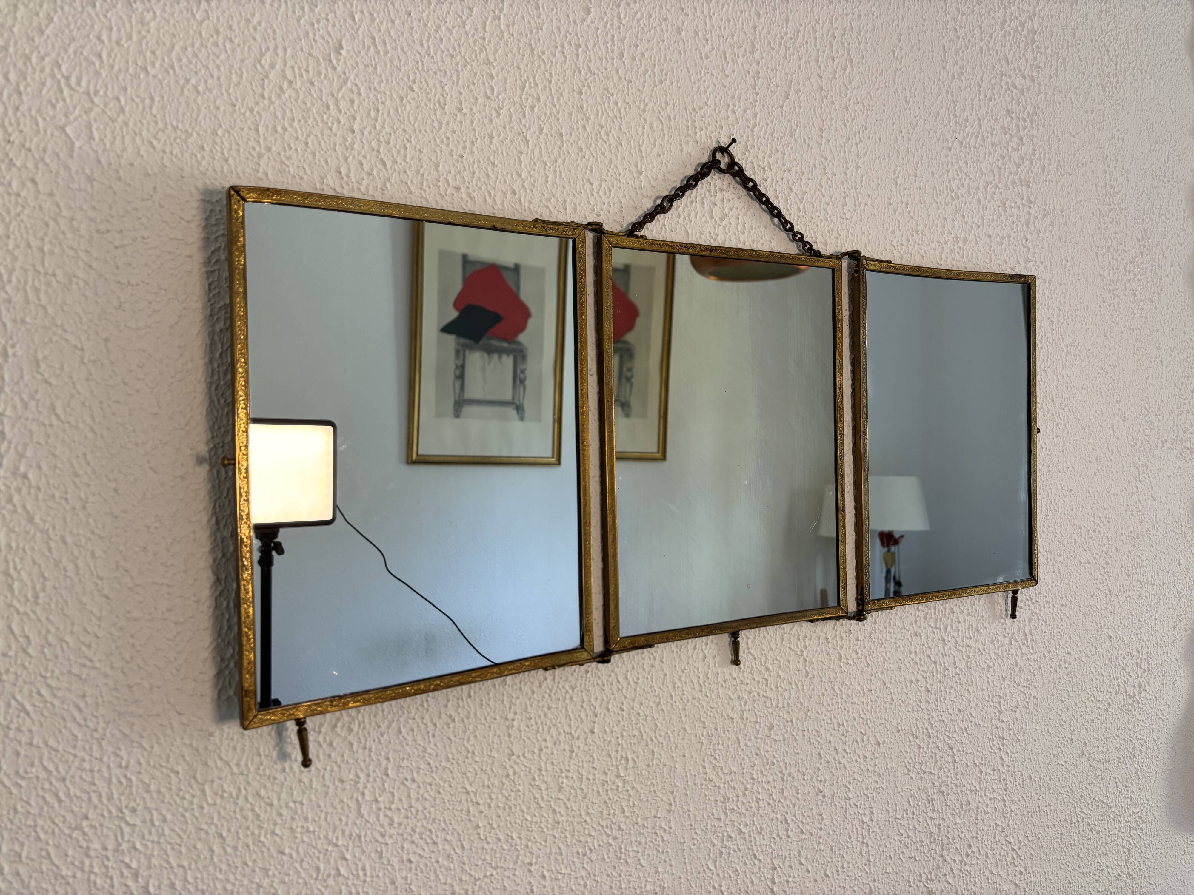 Vintage 1900s triptych barber mirror JB gilt burgundy - 30 x 67 cm