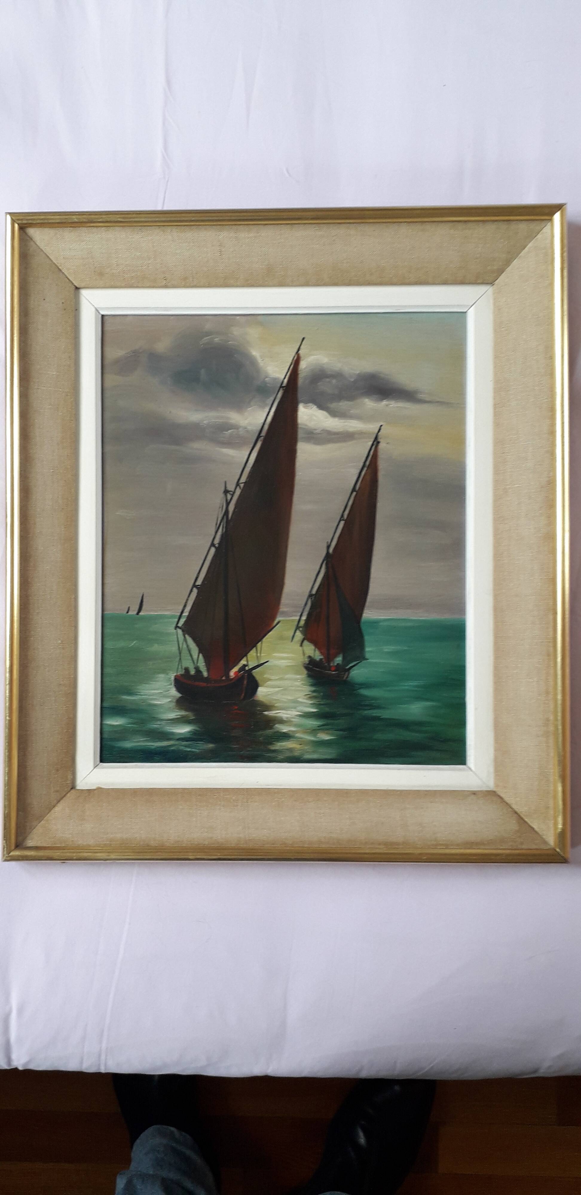 Old oil painting depicting a marine scene
