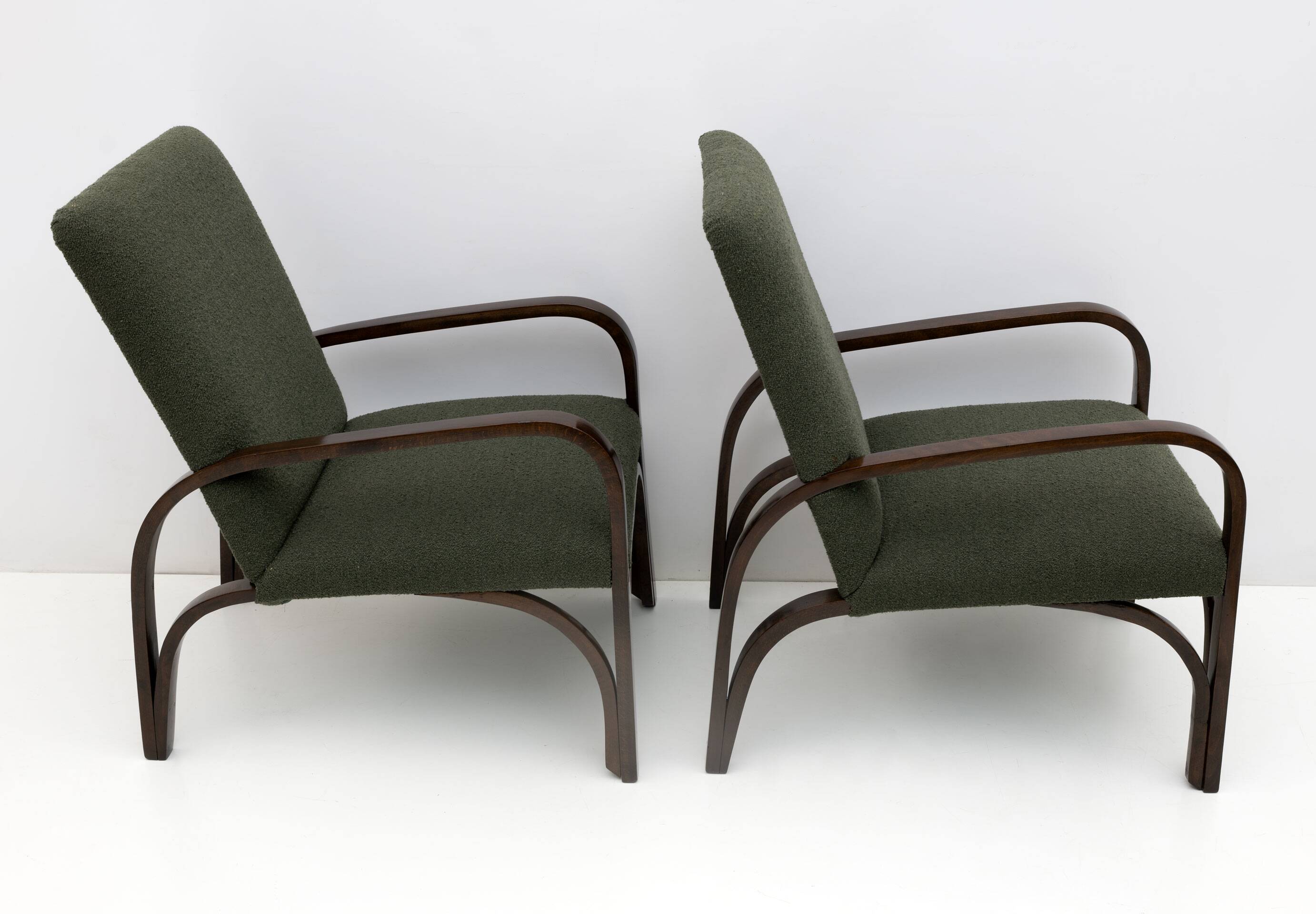 Ensemble Art Déco italien Bouclè vert composé de deux fauteuils et d'un petit canapé, années 1930