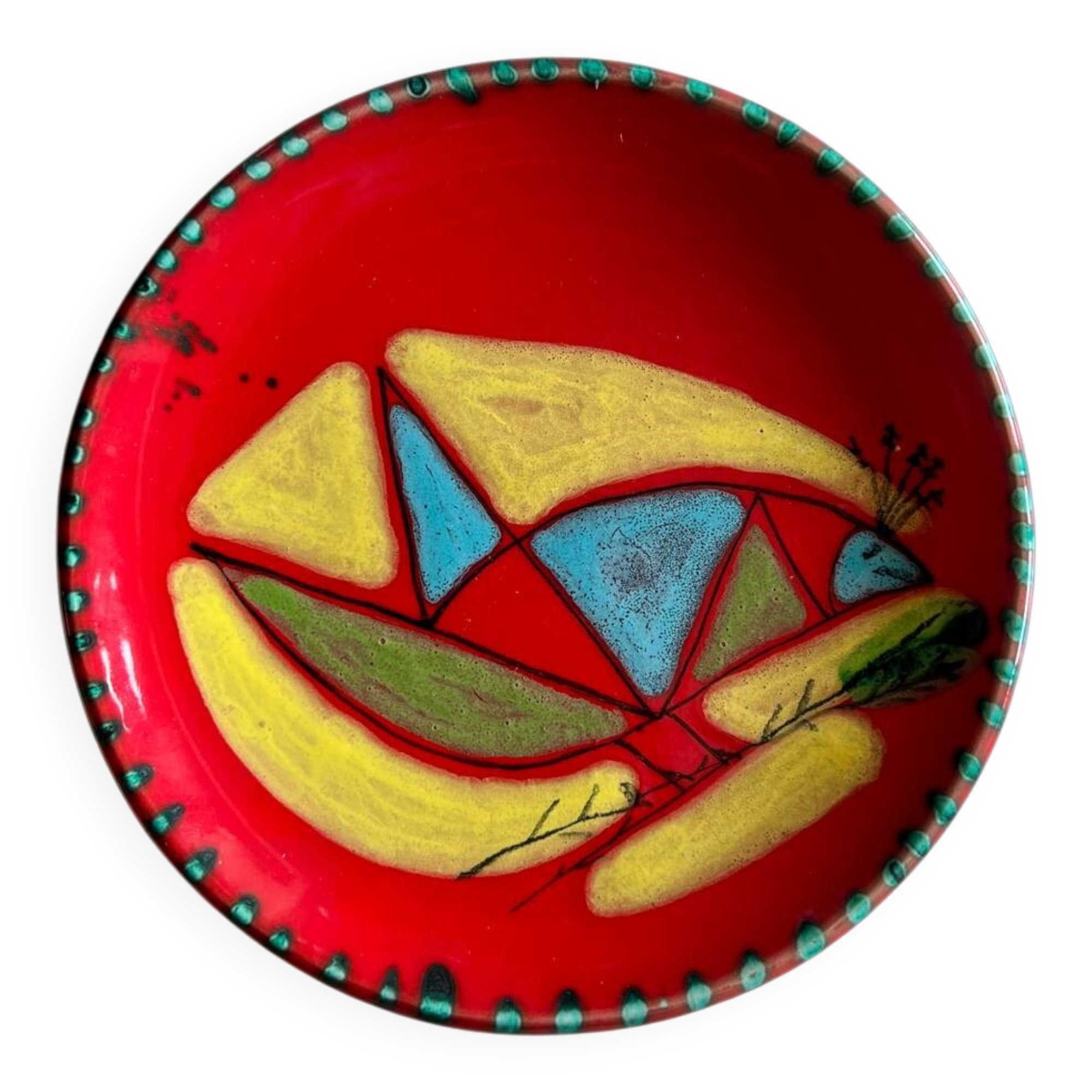Red plate with abstract decoration, Atelier Cerenne Vallauris – 1950s