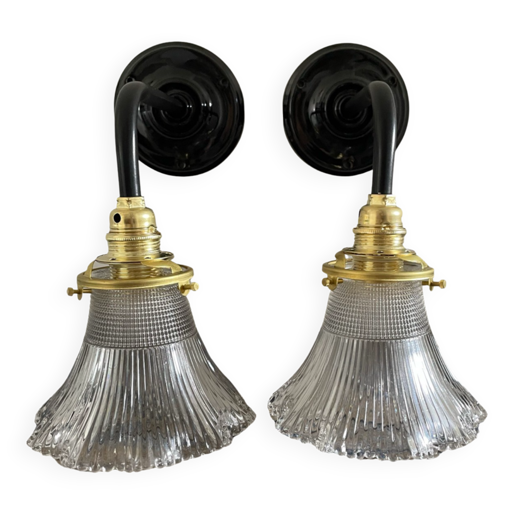 Pair of vintage holophane glass sconces electrified