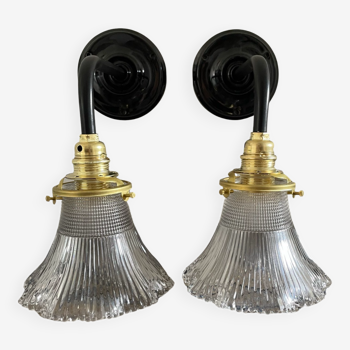 Pair of vintage holophane glass sconces electrified