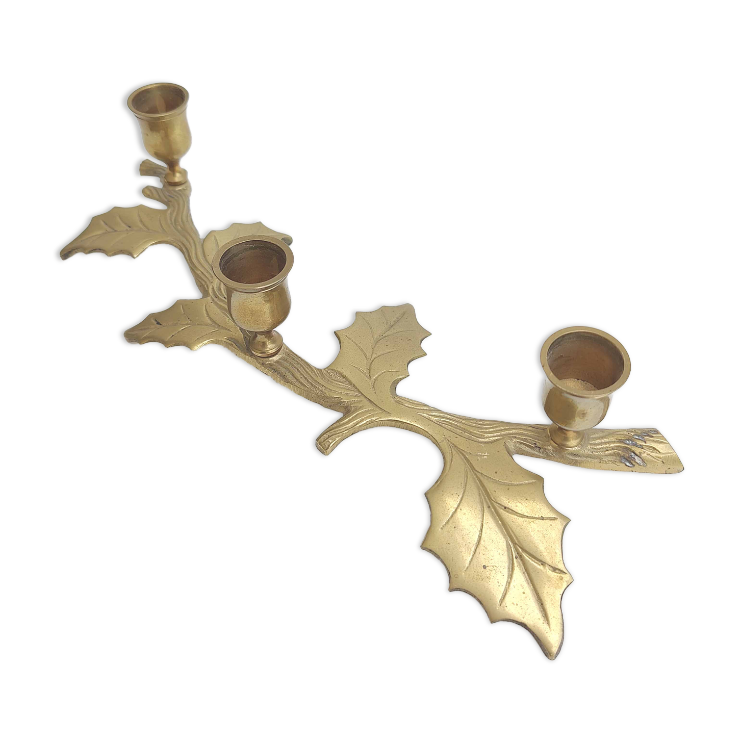 Brass "holly leaves" candle holder for 3 candles