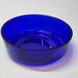 Ancienne jardinière centre de table en métal doré et verre bleu cobalt