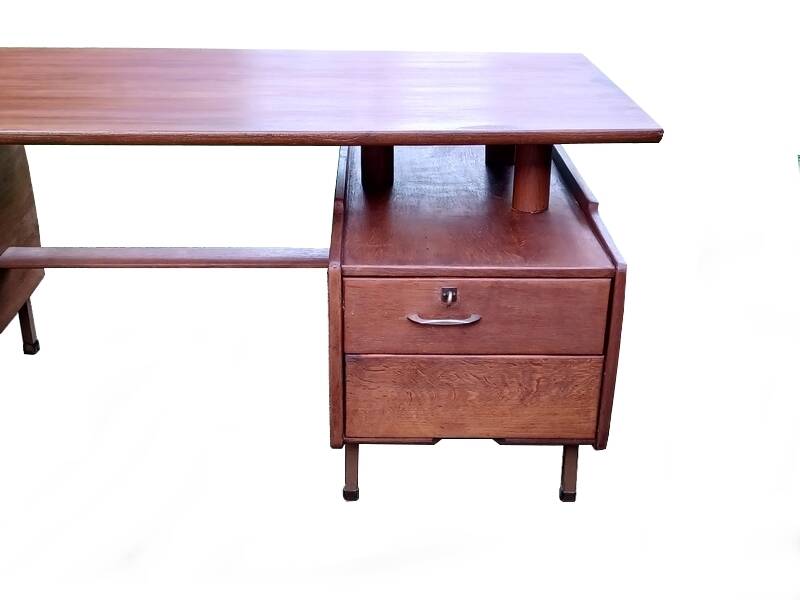 Vintage 1950s teak desk by designer Jacques Hauville.