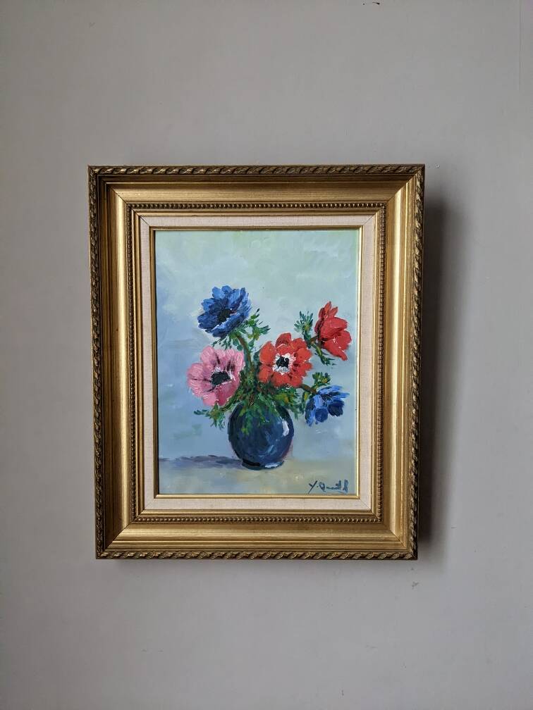 Acrylic painting on canvas, still life, anemones, bohemian countryside