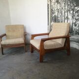 Paire de fauteuils massifs et brutalistes en teck